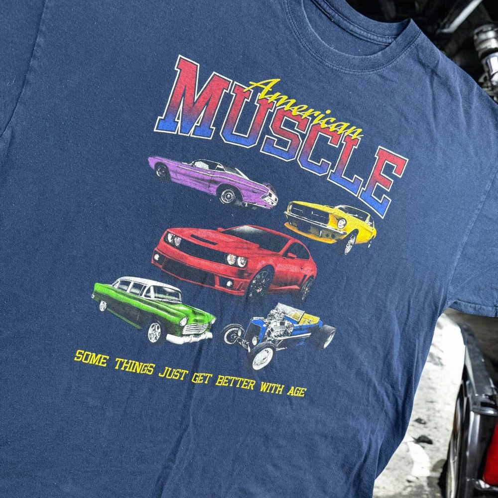 VTG American Muscle T-Shirt Mens XL Blue Car Graphic Classic Hot Rod‎ Mustang